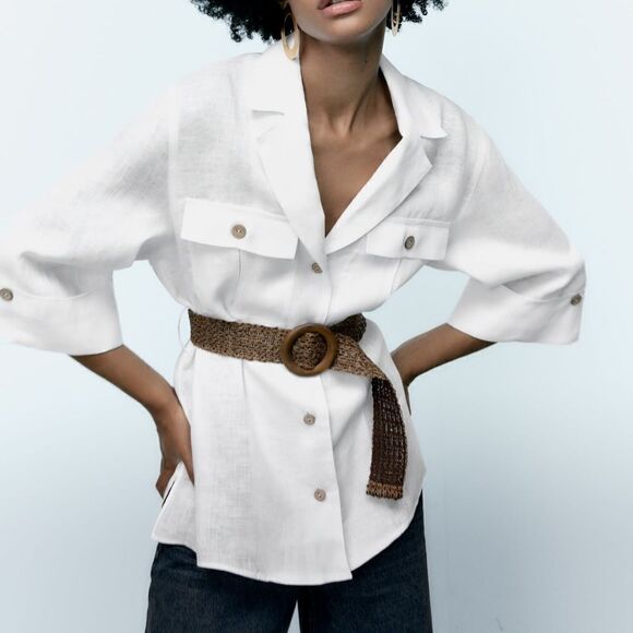 Zara Tops - Zara 100% Linen Belted Shirt White New